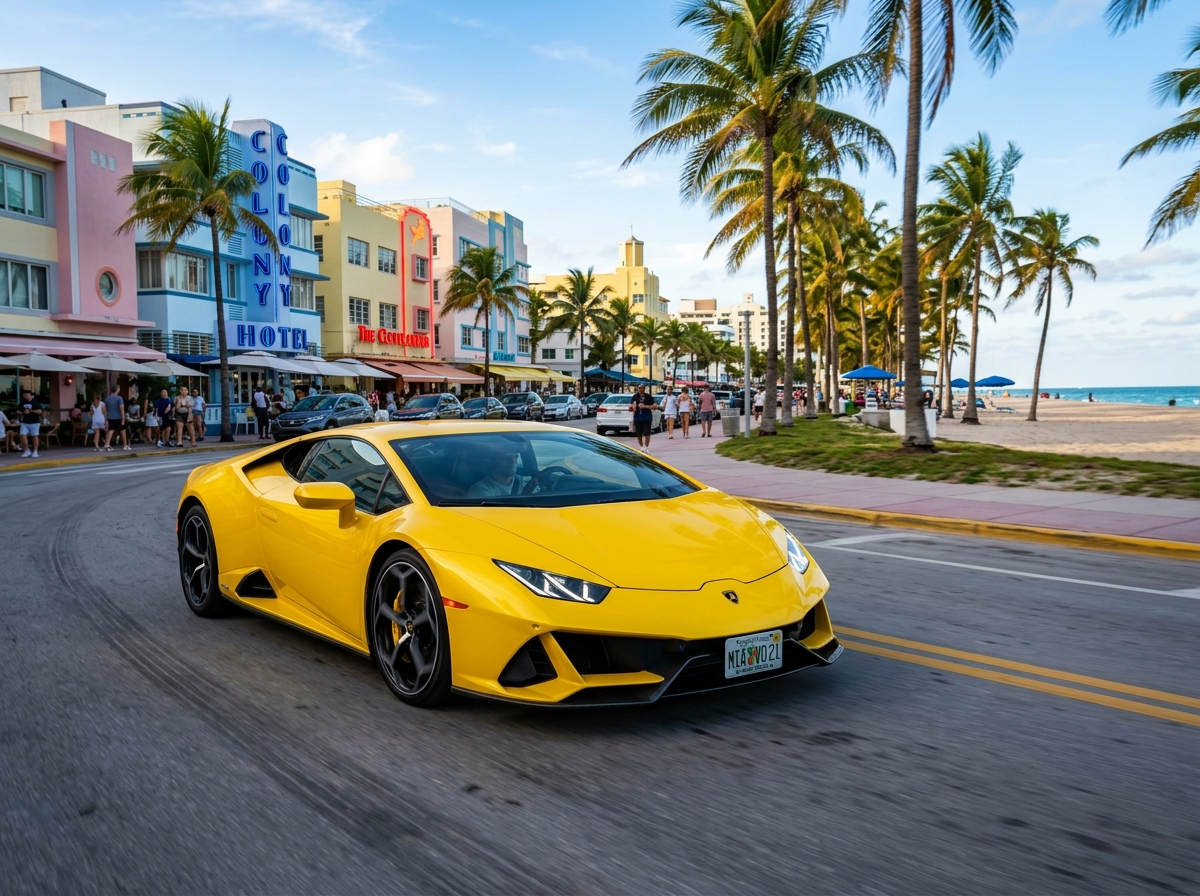 2021 Lamborghini Huracan EVO yellow supercar front three-quarter view Miami Beach