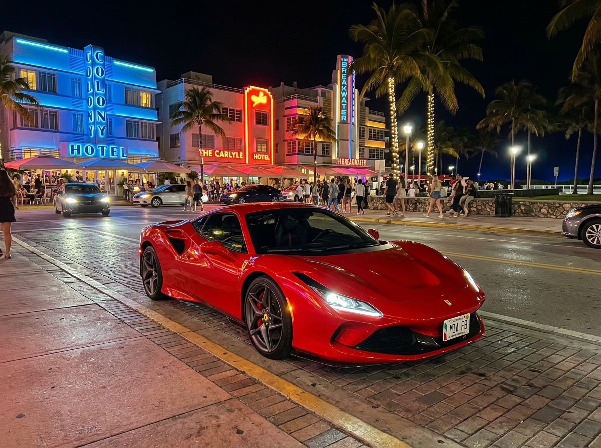 2023 Ferrari F8 Tributo red supercar parked on Ocean Drive Miami Beach at night