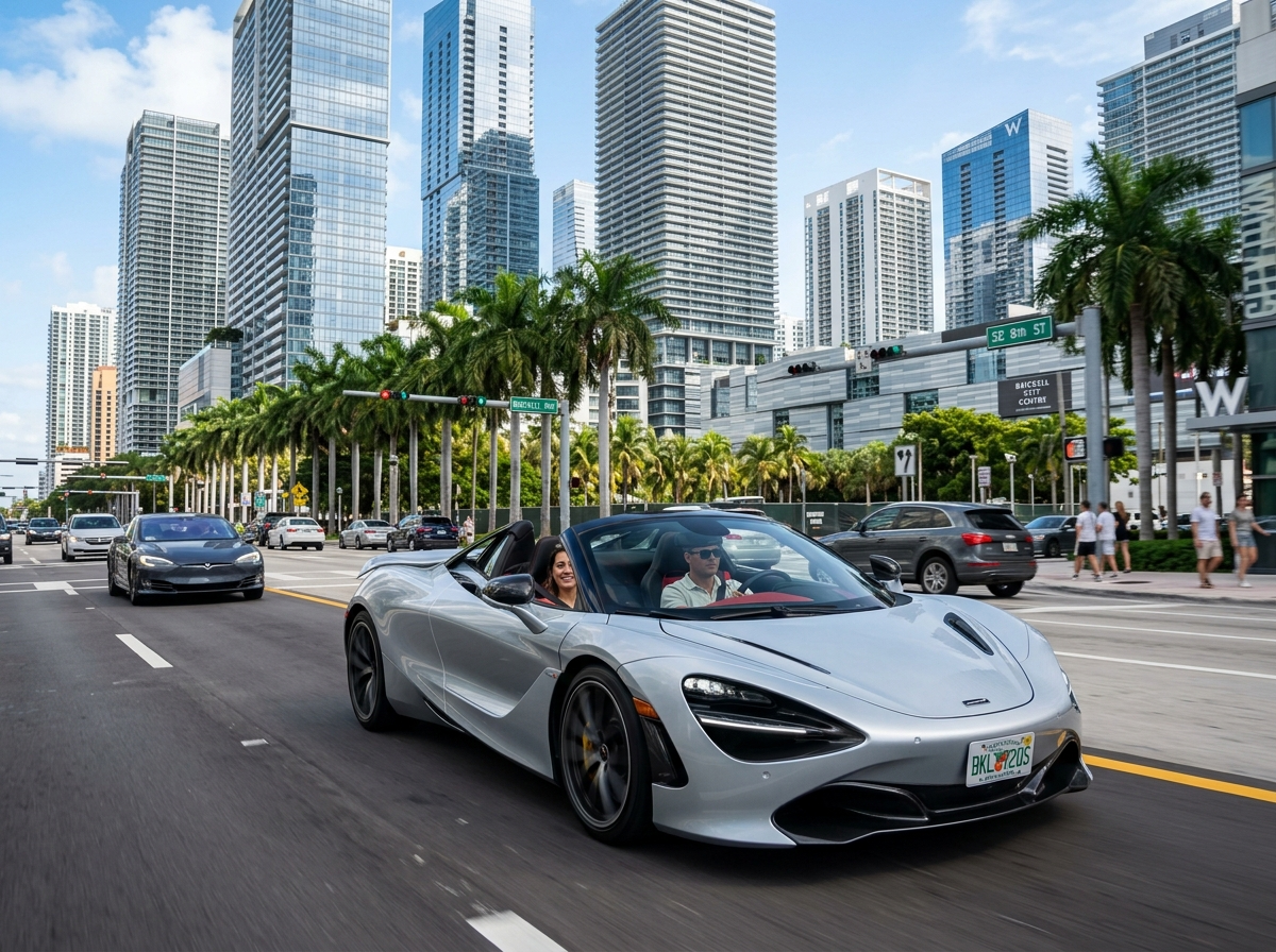 2021 McLaren 720S Spider silver convertible open top driving on Brickell Avenue Miami