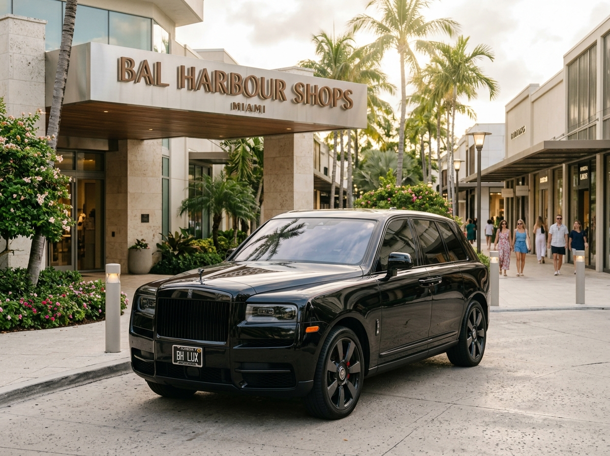 2022 Rolls-Royce Cullinan Black Badge black luxury SUV parked in front of Bal Harbour Shops Miami