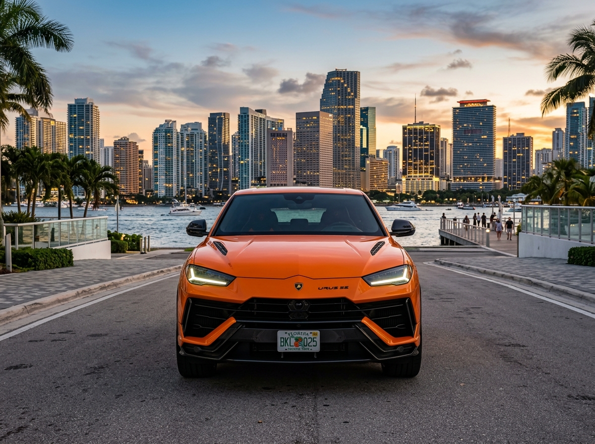 2025 Lamborghini Urus SE orange luxury SUV front view Brickell Miami skyline background