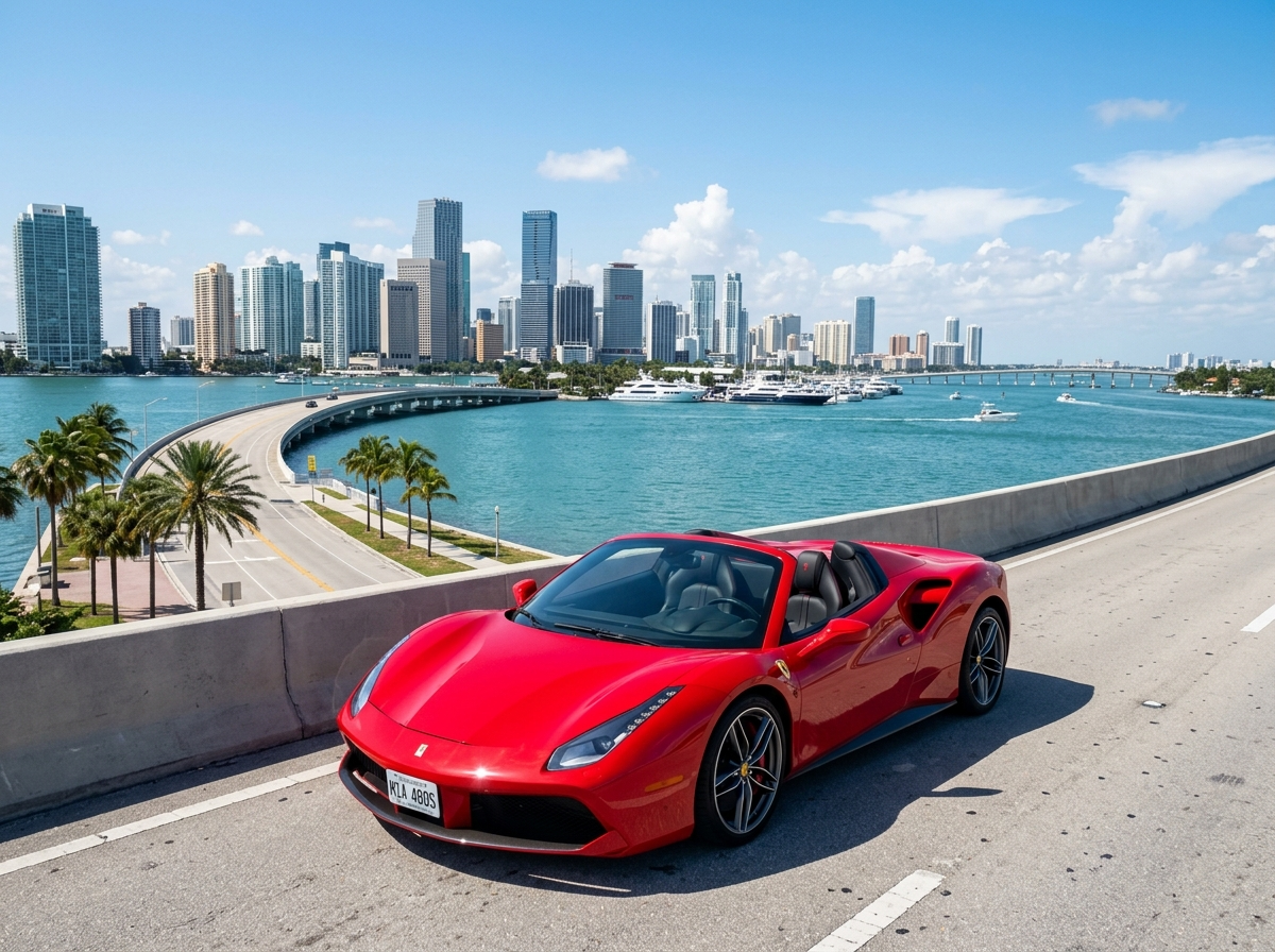 2019 Ferrari 488 Spider red convertible parked on Venetian Causeway Miami with bay view