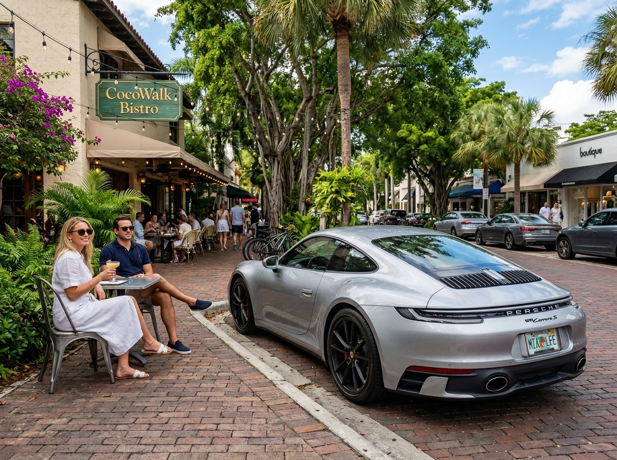 2026 Porsche 911 Carrera S silver sports car parked in Coconut Grove Miami lifestyle shot