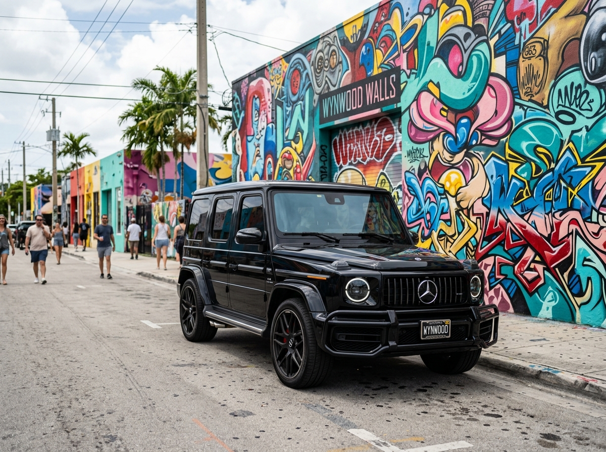 2024 Mercedes-Benz G63 AMG black G-Wagon parked in Wynwood Walls Miami street art district
