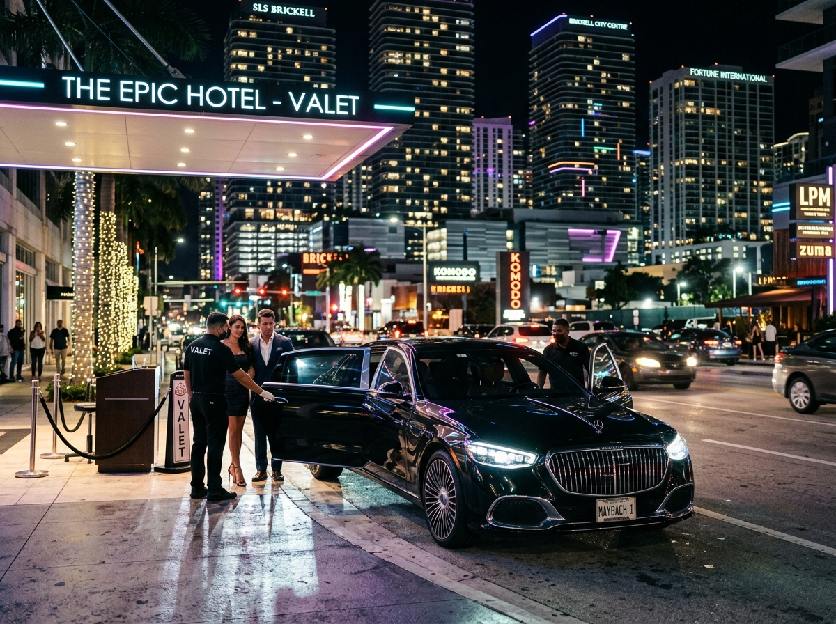 2024 Mercedes-Benz Maybach S680 black ultra-luxury sedan at night in Brickell Miami valet