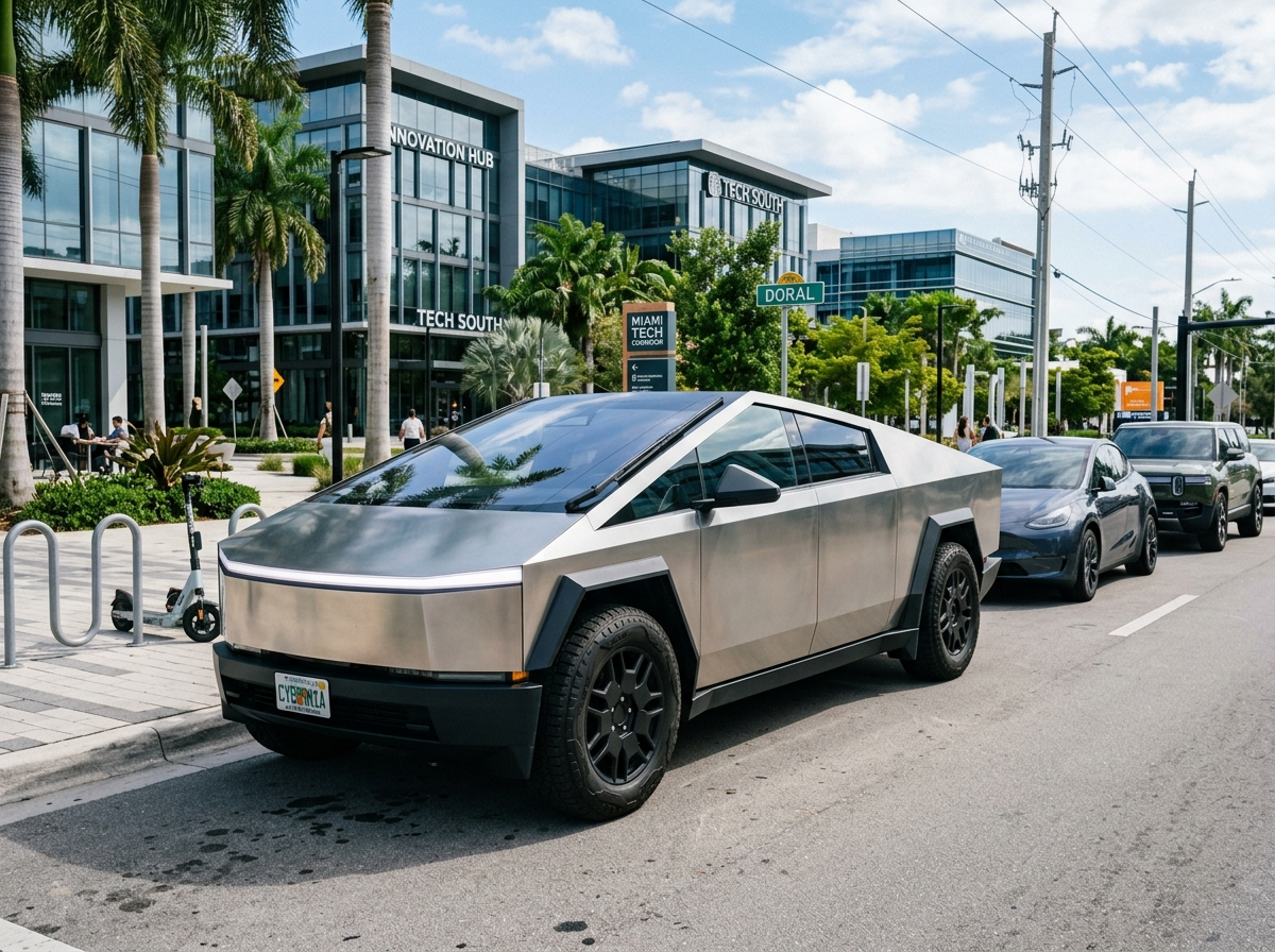 2024 Tesla Cybertruck silver stainless steel angular design parked in Doral Miami tech district
