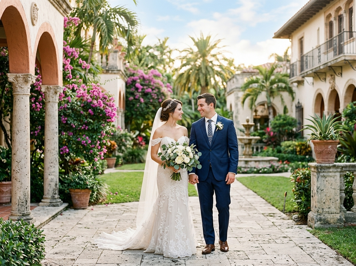 Sophia and Daniel couple wedding day portrait Coral Gables Miami luxury rental