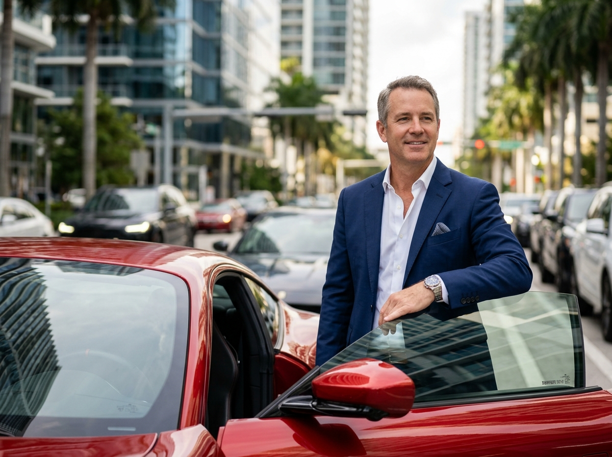 James K. business traveler executive headshot Brickell Miami Ferrari rental